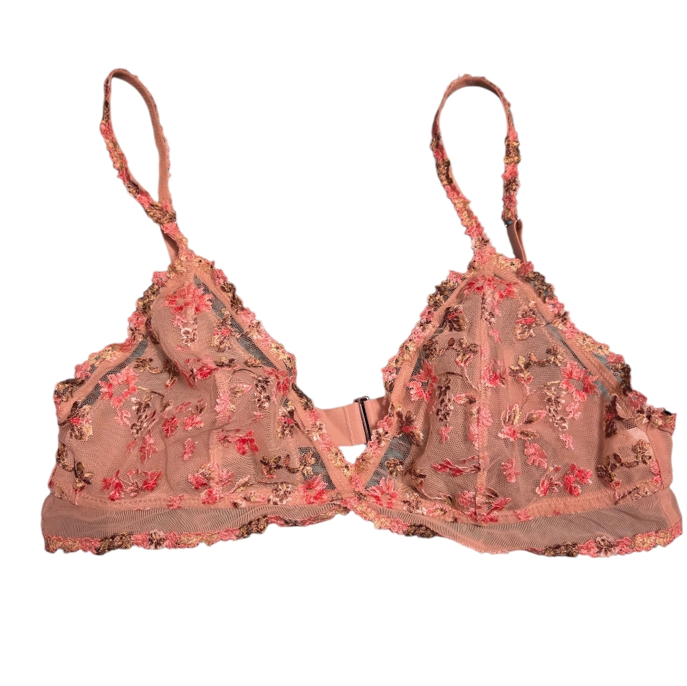 Aerie Light Pink Floral Embroidered Sexy Lace Unlined Bralette Size L